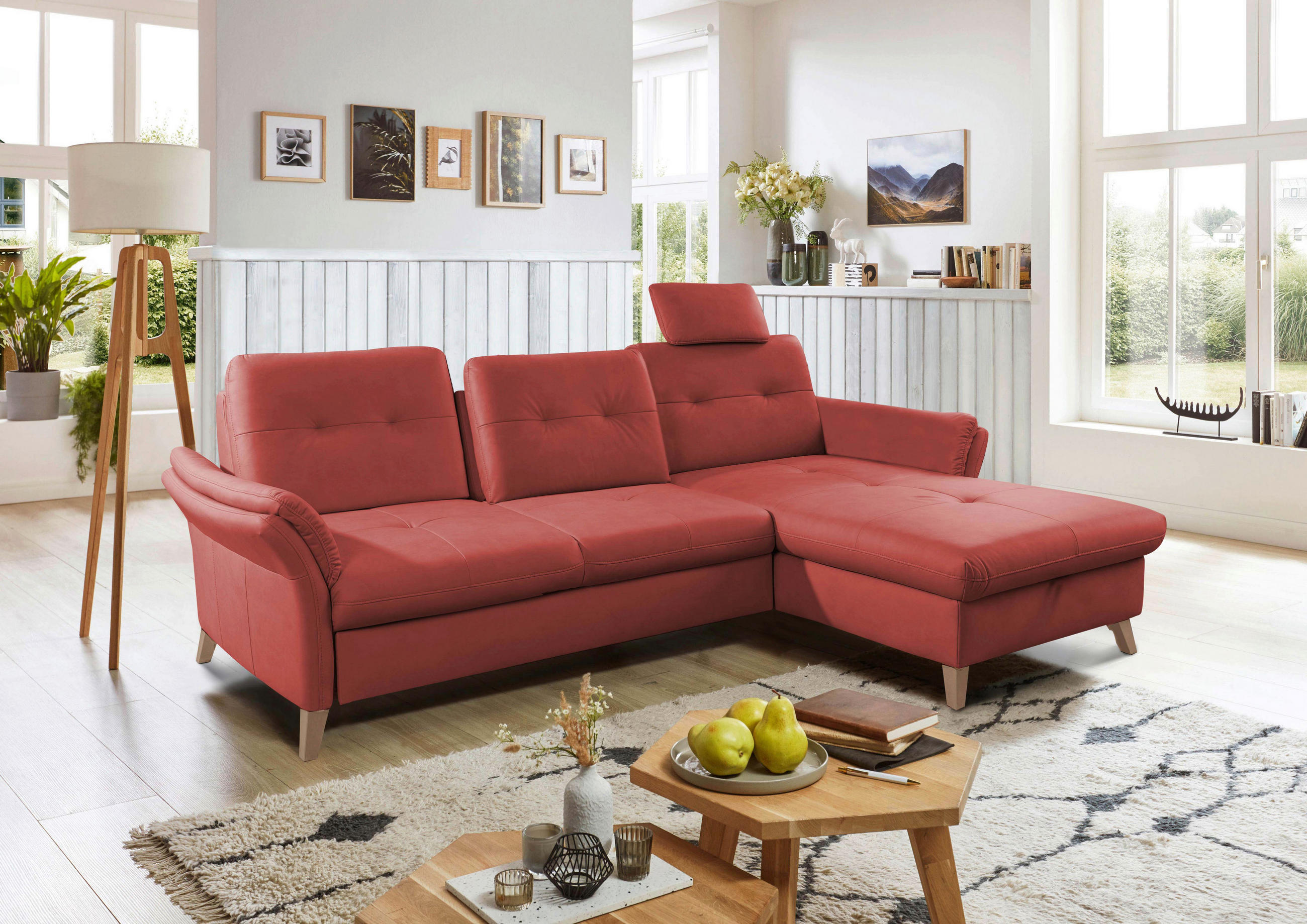 ECKSOFA Rot Lederlook (vegan)  - Eichefarben/Rot, Design, Holz/Textil (268/176cm) - Livetastic