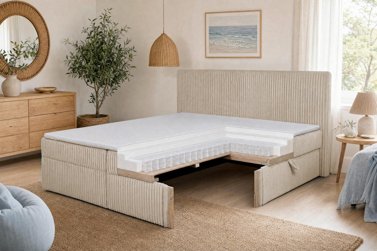BOXBETT 180/200 cm,  in Grau, gepolstertes Kopfteil, Bettkasten, Topper, Matratzen, H3 + H3 = fest  - Schwarz/Grau, Basics, Kunststoff/Textil (180/200cm) - Chameo