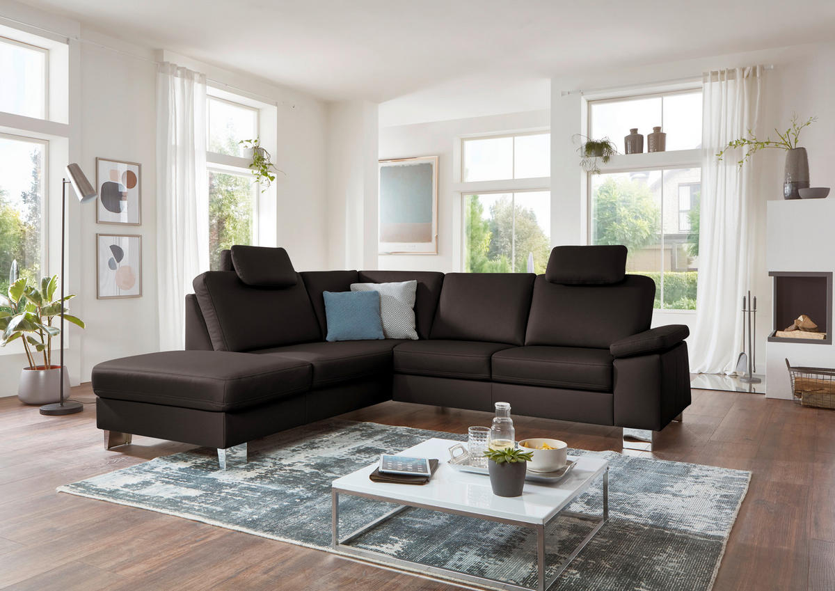 ECKSOFA  in Echtleder Mokka  235/248 cm  - Alufarben/Mokka, Design, Leder/Metall (235/248cm) - Beldomo Premium
