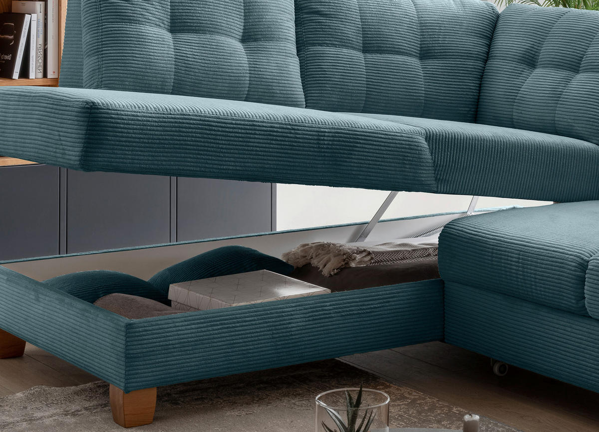 ECKSOFA in Cord Petrol  - Petrol/Naturfarben, Modern, Holz/Textil (206/274cm) - Livetastic