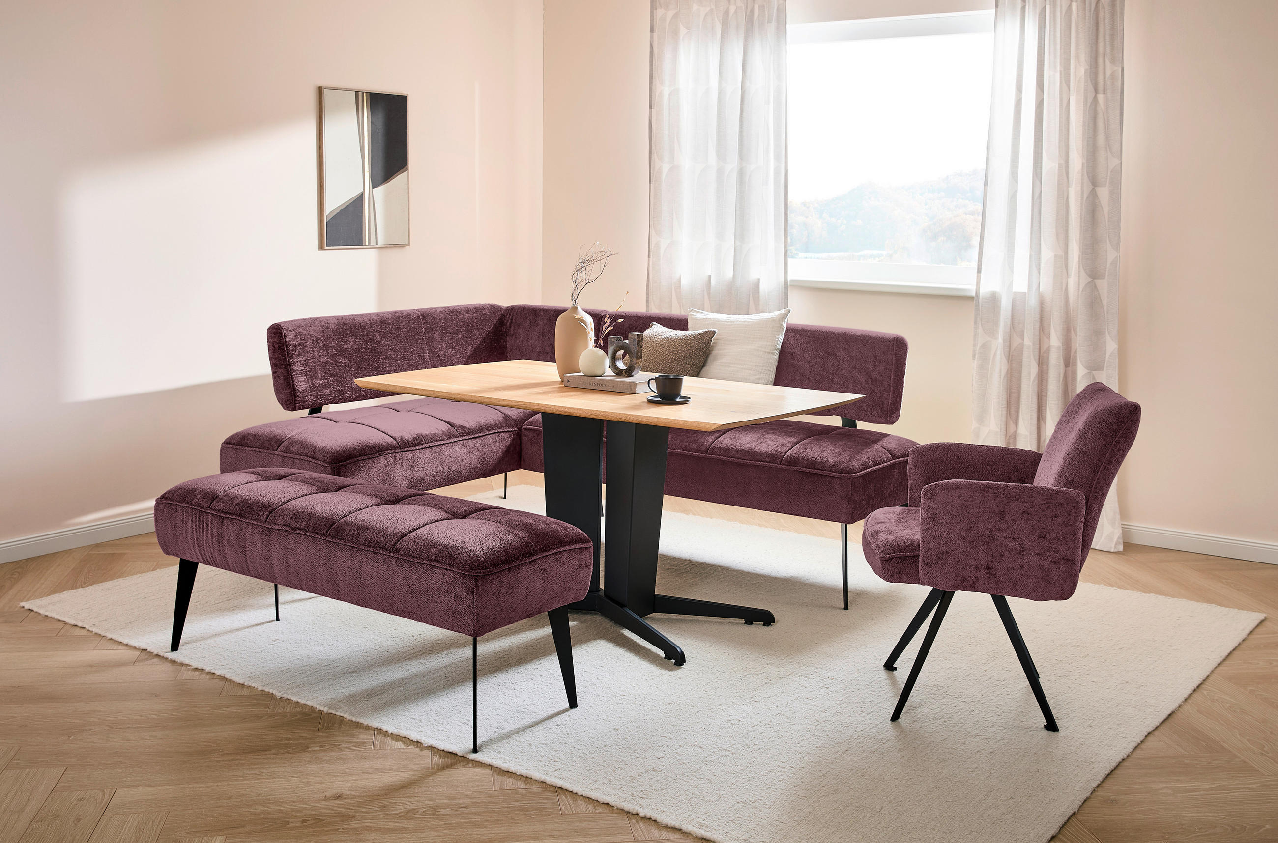 ECKBANK 162/212 cm Webstoff Bordeaux Metall   - Bordeaux/Schwarz, MODERN, Textil/Metall (162/212cm) - Welnova