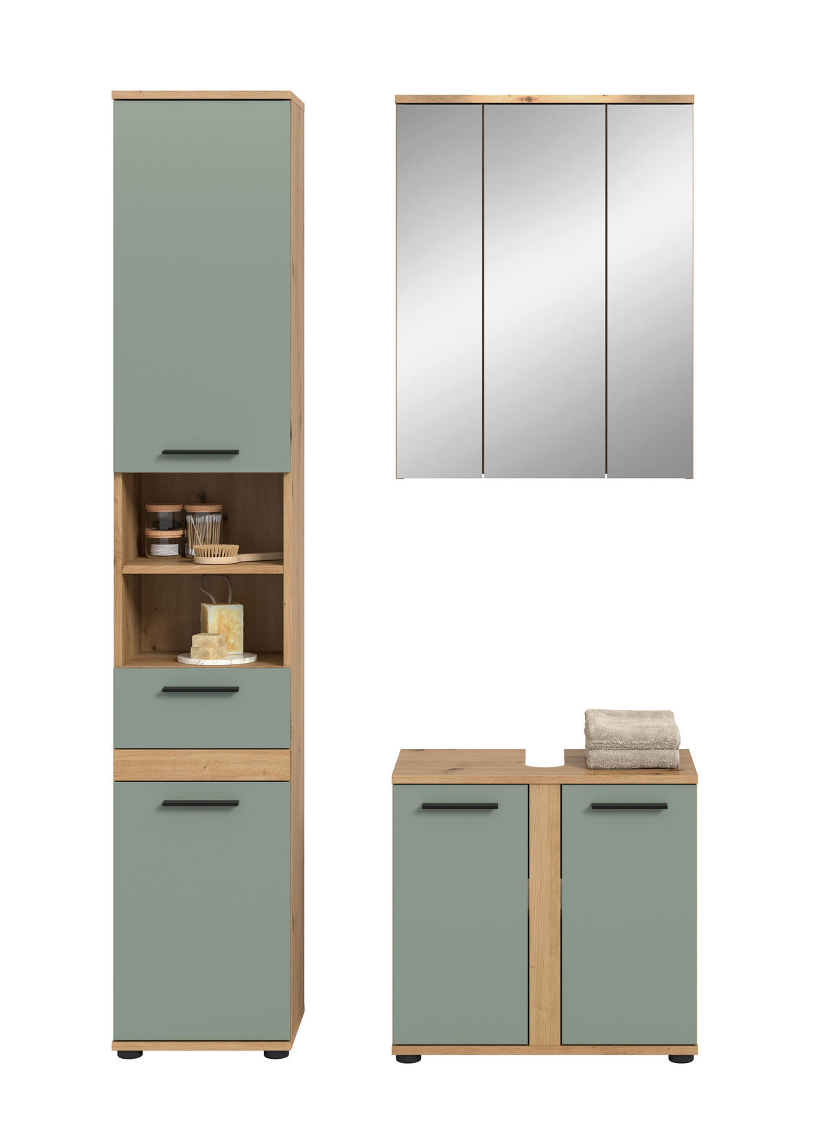 BADEZIMMER 3-teilig  in 110 cm  - Salbeigrün/Schwarz, Trend, Glas/Holzwerkstoff (110cm) - MID.YOU