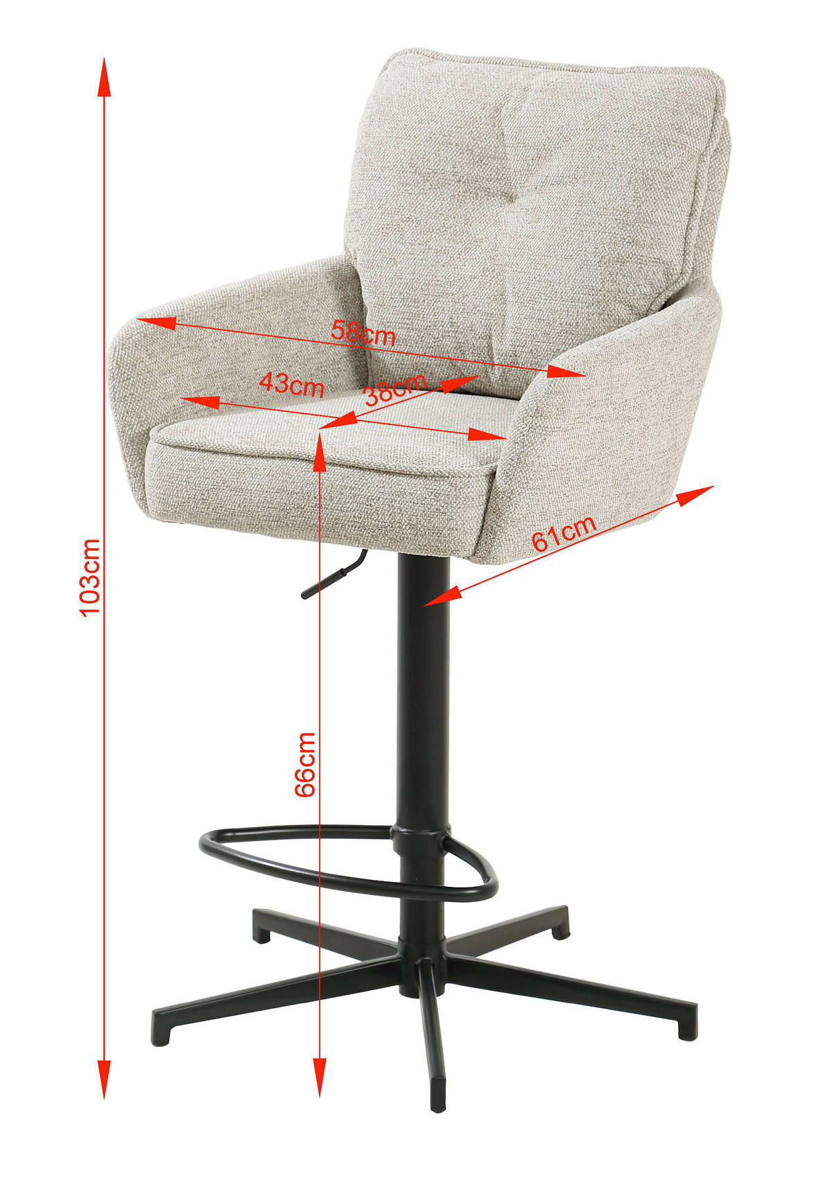 BARHOCKER Leinenoptik Schwarz, Beige Eisen Sitzfläche 360° drehbar, Stoffauswahl  - Taupe/Beige, Design, Textil/Metall (58/103-123/61cm) - Novel