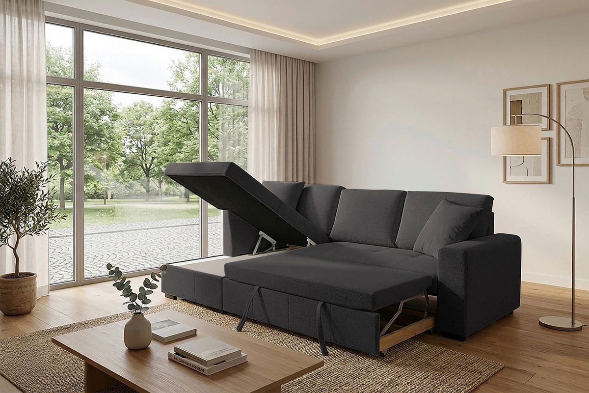 ECKSOFA LUKAS Dunkelbraun Struktur Zierkissen, Bettkasten  - Dunkelbraun, Trend, Textil (158/239cm) - P & B