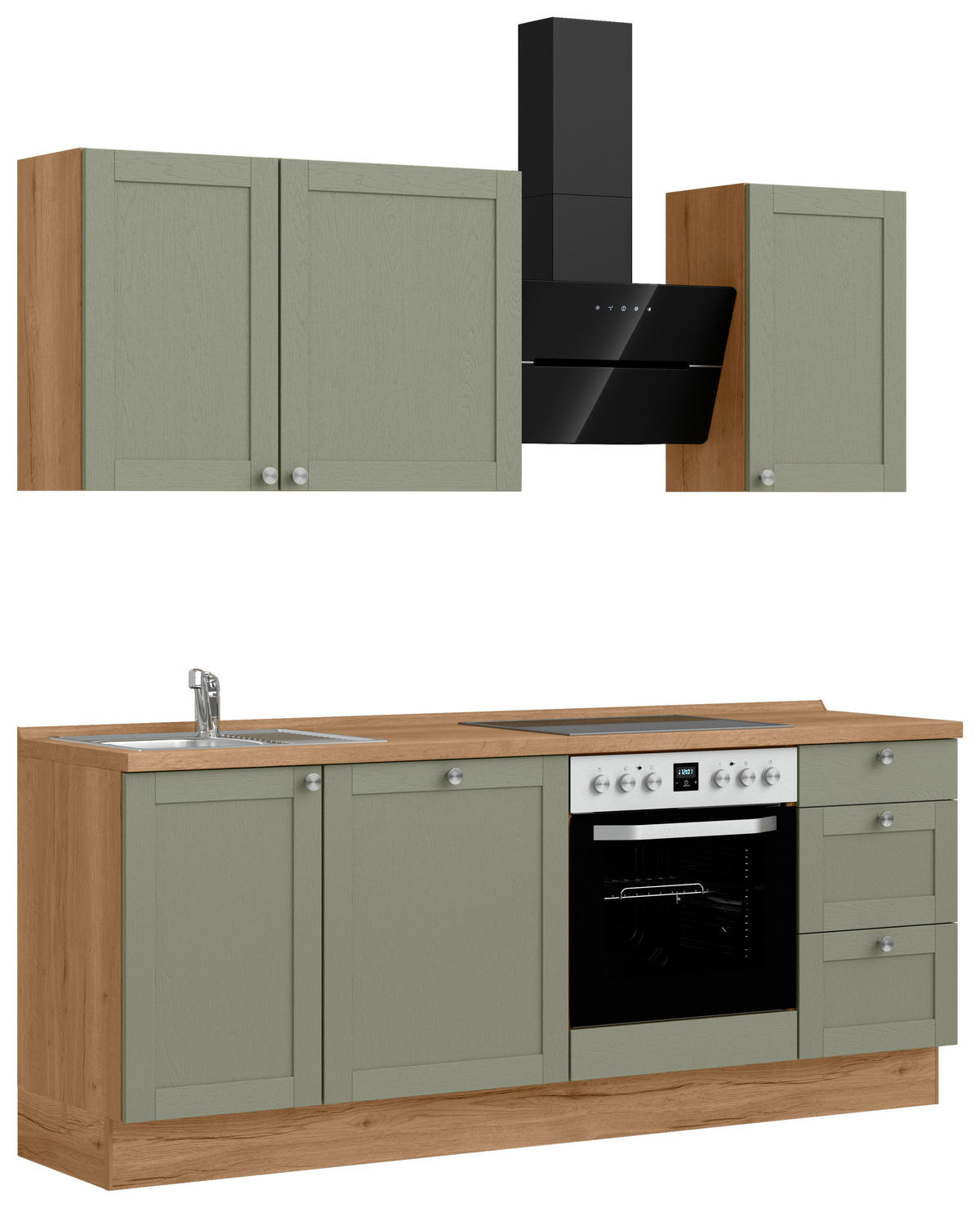 KÜCHENBLOCK Frame 210 cm  in Eichefarben, Olivgrün  - Edelstahlfarben/Eichefarben, MODERN, Holzwerkstoff/Metall (210cm) - Nobilia