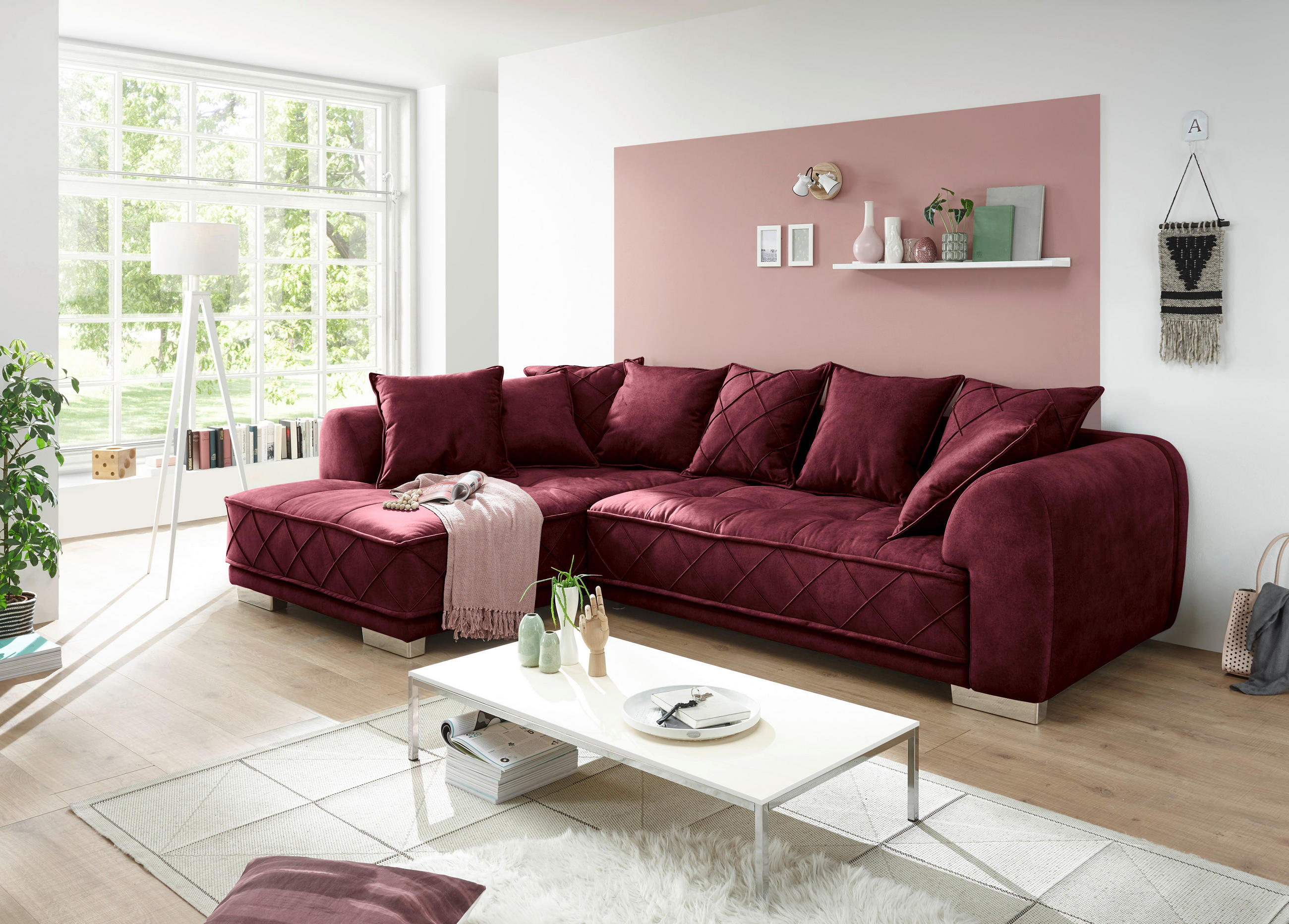 ECKSOFA Bordeaux Mikrovelours  - Bordeaux/Silberfarben, Basics, Kunststoff/Textil (319/194cm) - MID.YOU