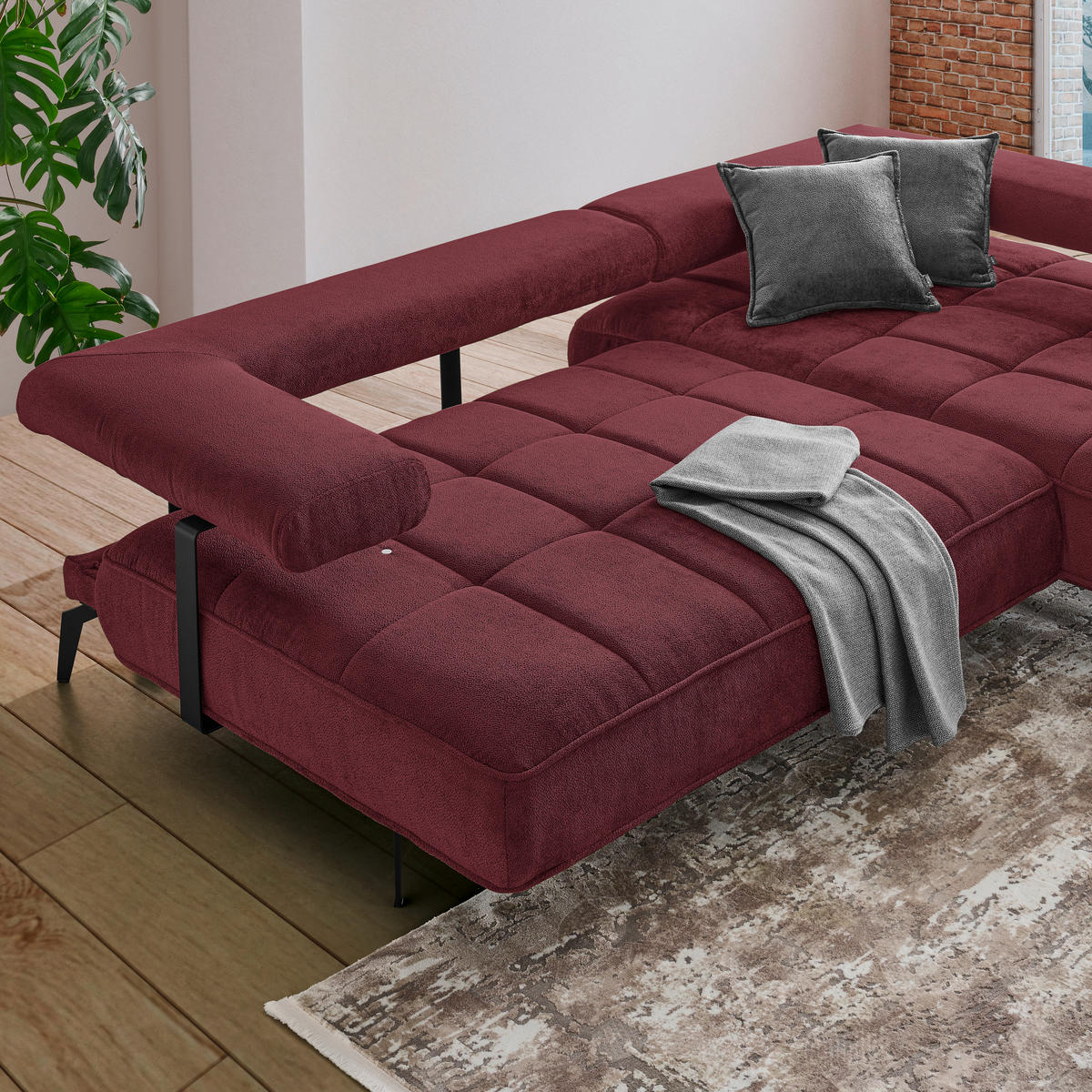 ECKSOFA Bordeaux Webstoff  - Bordeaux/Schwarz, Design, Textil/Metall (266/180cm) - Welnova