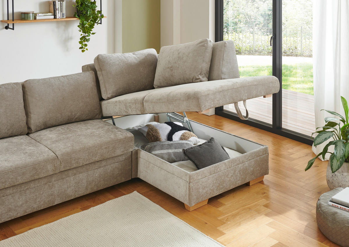 ECKSCHLAFSOFA  in Chenille Hellbraun  - Hellbraun/Eiche Bianco, KONVENTIONELL, Holz/Textil (253/170cm) - Beldomo Style