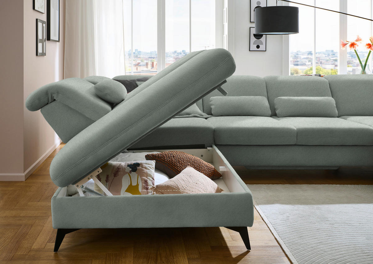 WOHNLANDSCHAFT Chenille Hellgrau  - Hellgrau/Schwarz, Design, Textil/Metall (255/364/198cm) - Beldomo Style