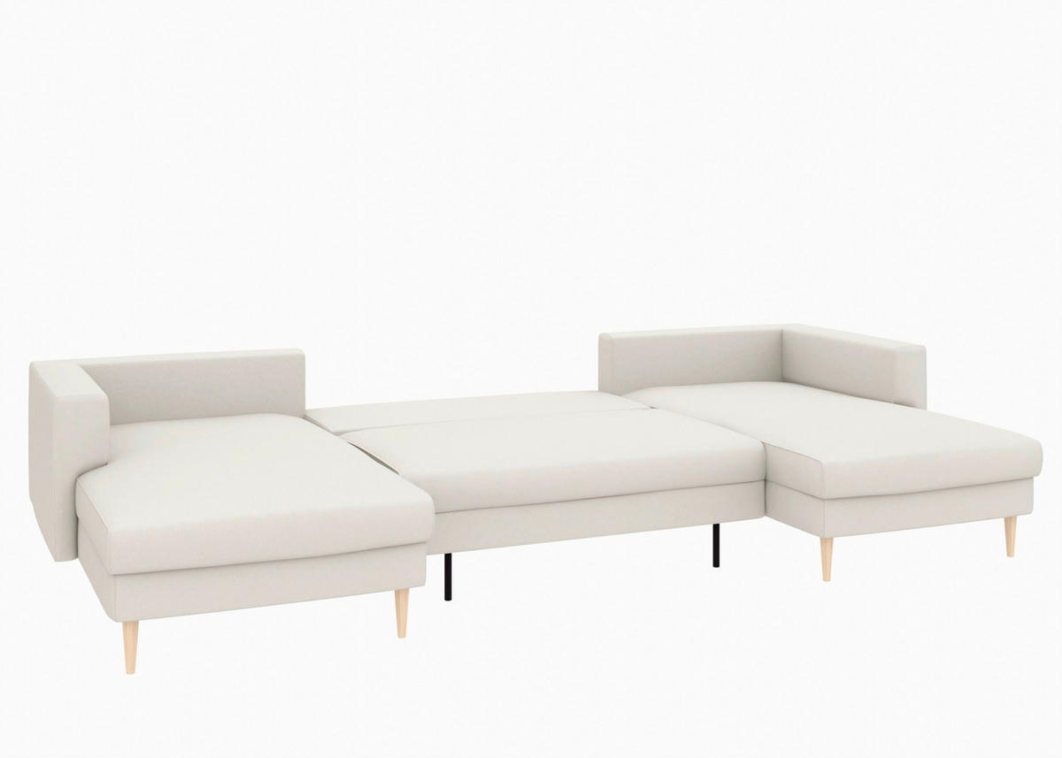 WOHNLANDSCHAFT Sandfarben Struktur  - Sandfarben/Buchefarben, MODERN, Holz/Textil (161/306/161cm) - Trendmanufaktur