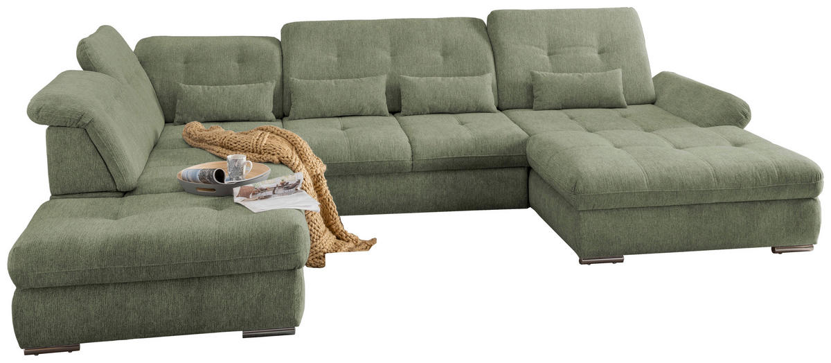 WOHNLANDSCHAFT Grün Chenille  - Chromfarben/Grün, Design, Textil/Metall (254/376/195cm) - Livetastic