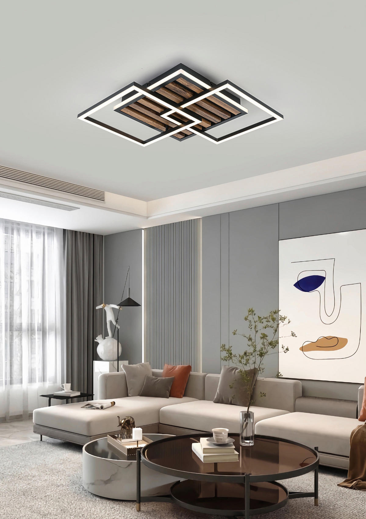 STROPNA SVETILKA 45/45/9,5 cm   - črna/barve hrasta, Trend, kovina/umetna masa (45/45/9,5cm) - Novel