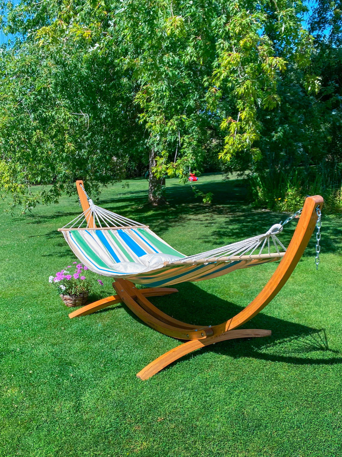HÄNGEMATTE Mischgewebe Blau, Grün, Weiß, Beige  - Blau/Eukalyptusholzfarben, KONVENTIONELL, Holz/Textil (320/120/120cm) - La Siesta