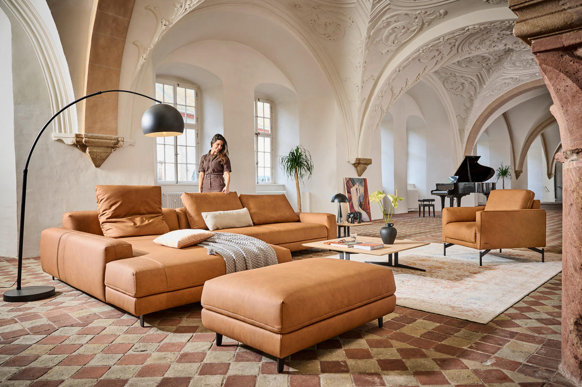 ECKSOFA in Echtleder Hellbraun  - Hellbraun/Anthrazit, Design, Leder/Metall (225/355cm) - Johann Jakob