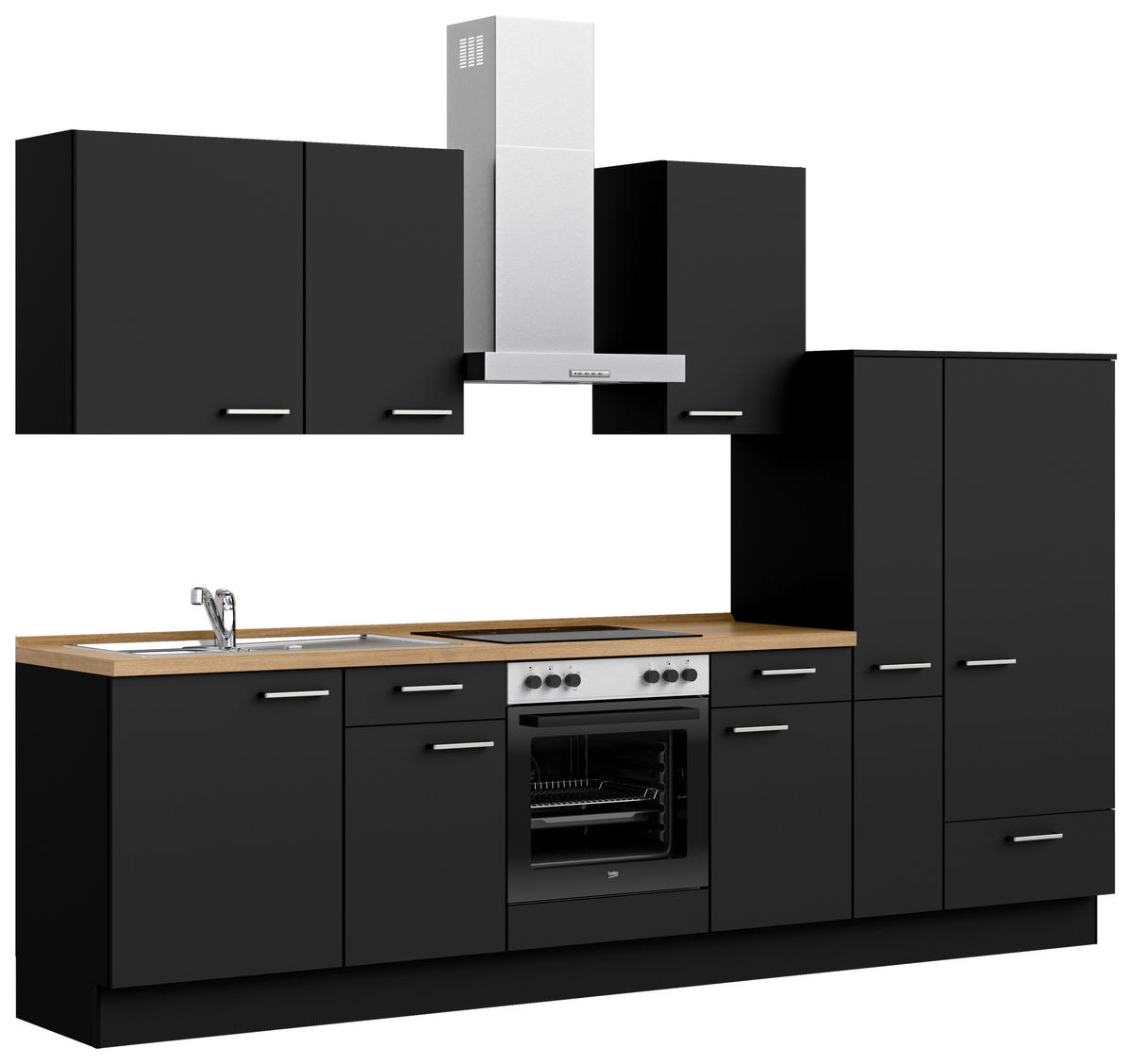 KÜCHENBLOCK Touch 300 cm  in Schwarz, Eichefarben  - Edelstahlfarben/Eichefarben, MODERN, Holzwerkstoff/Metall (300cm) - Nobilia