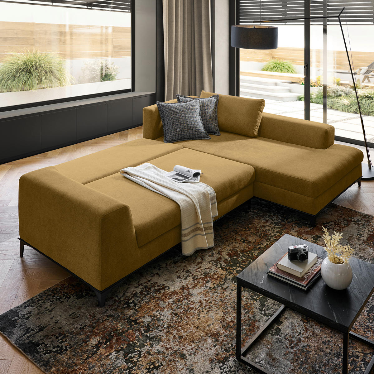 ECKSOFA inkl. Funktionen Senfgelb Webstoff Rückenkissen, Bettkasten, Schlaffunktion, Rücken echt  - Wengefarben/Senfgelb, Design, Holz/Textil (314/211cm) - Stylife