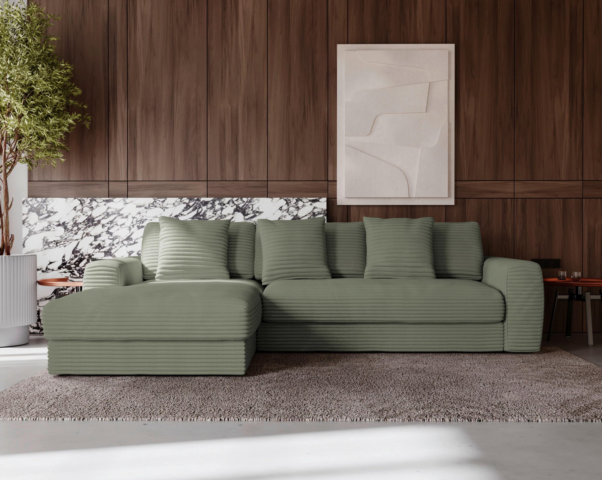 ECKSOFA in Cord Olivgrün  - Schwarz/Olivgrün, Modern, Kunststoff/Textil (182/302cm) - Carryhome