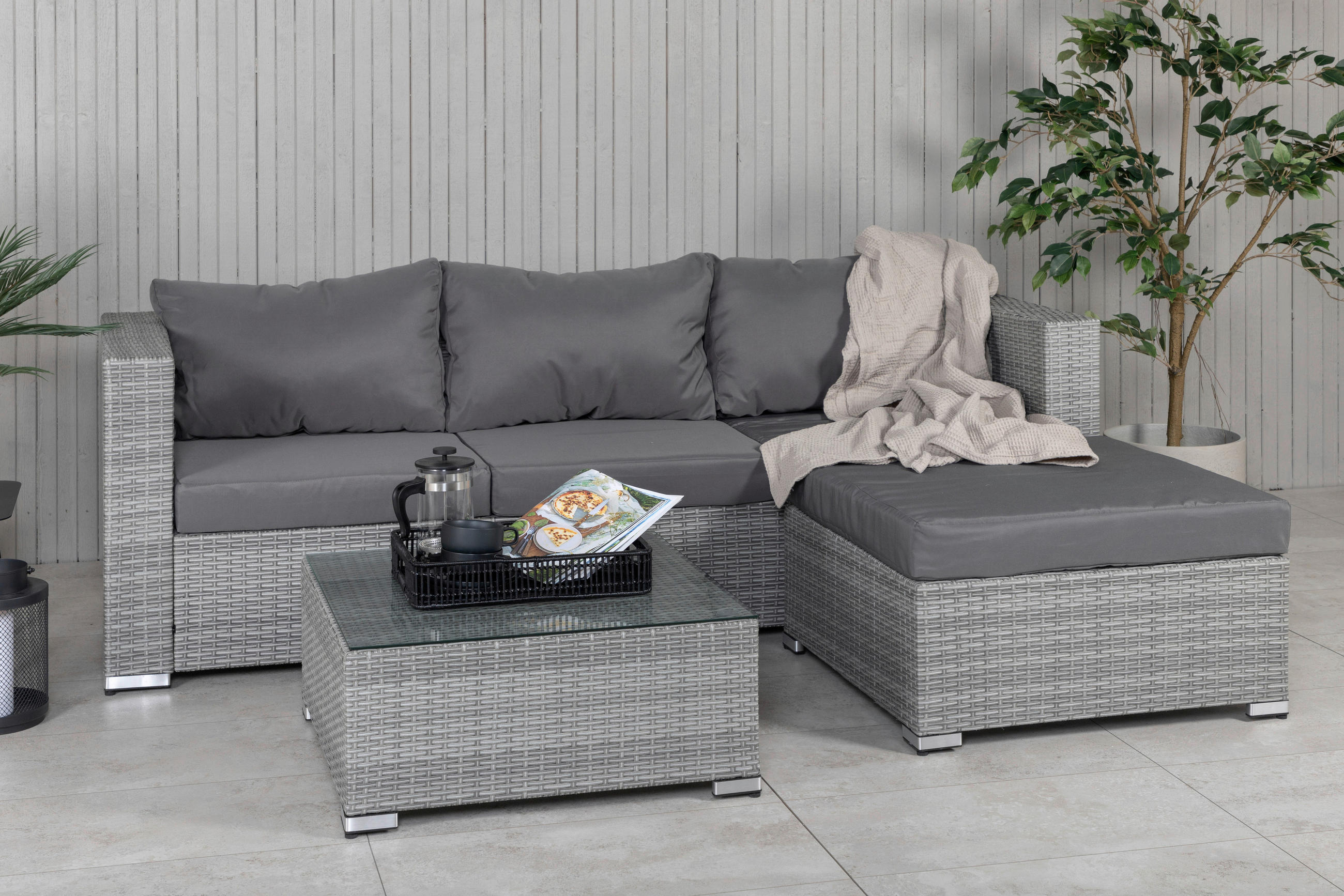 LOUNGEGARNITUR Stahl  - Grau, KONVENTIONELL, Glas/Kunststoff - Gardenson