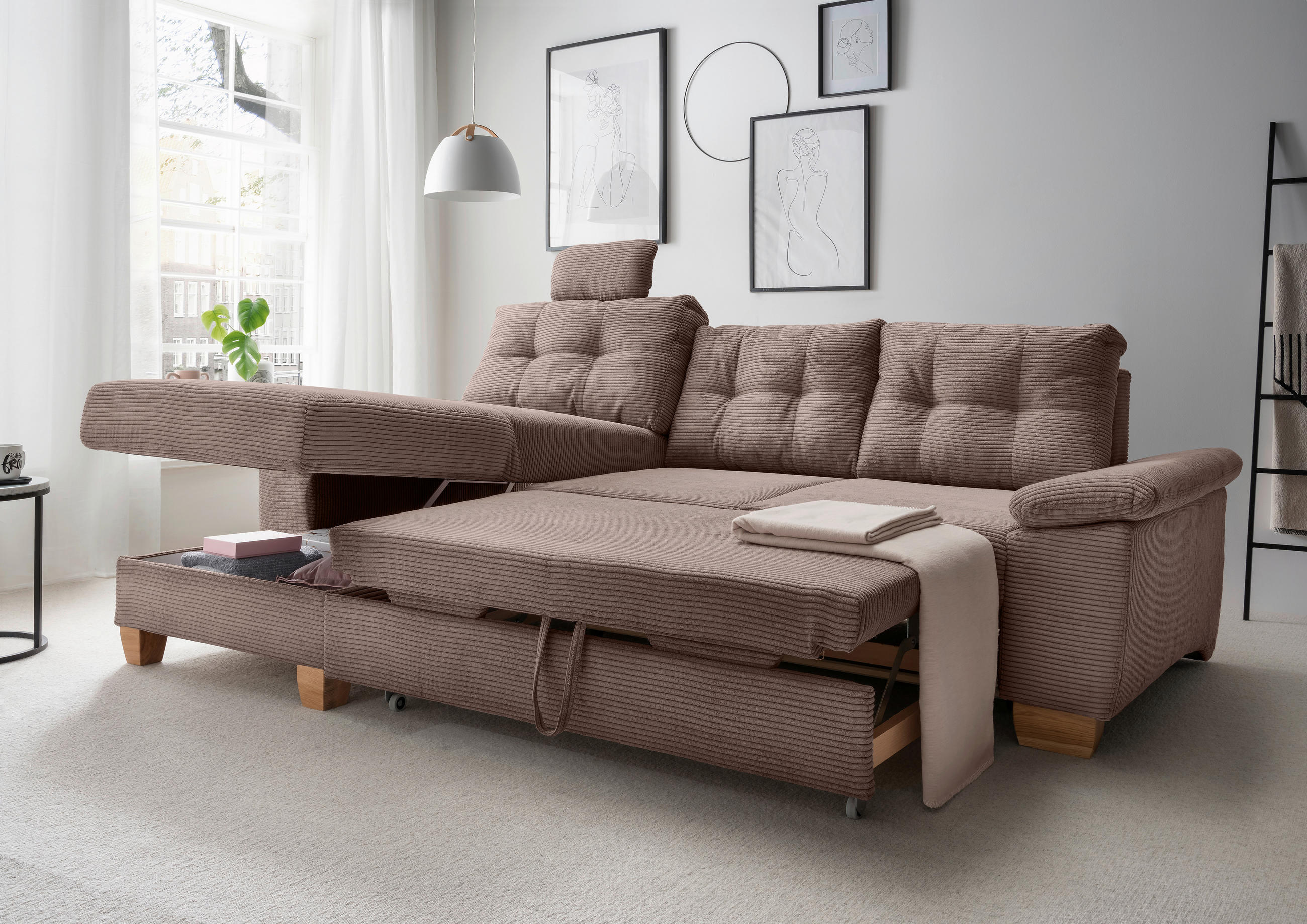 ECKSOFA in Cord Graubraun  - Graubraun/Naturfarben, Modern, Holz/Textil (176/270cm) - Livetastic