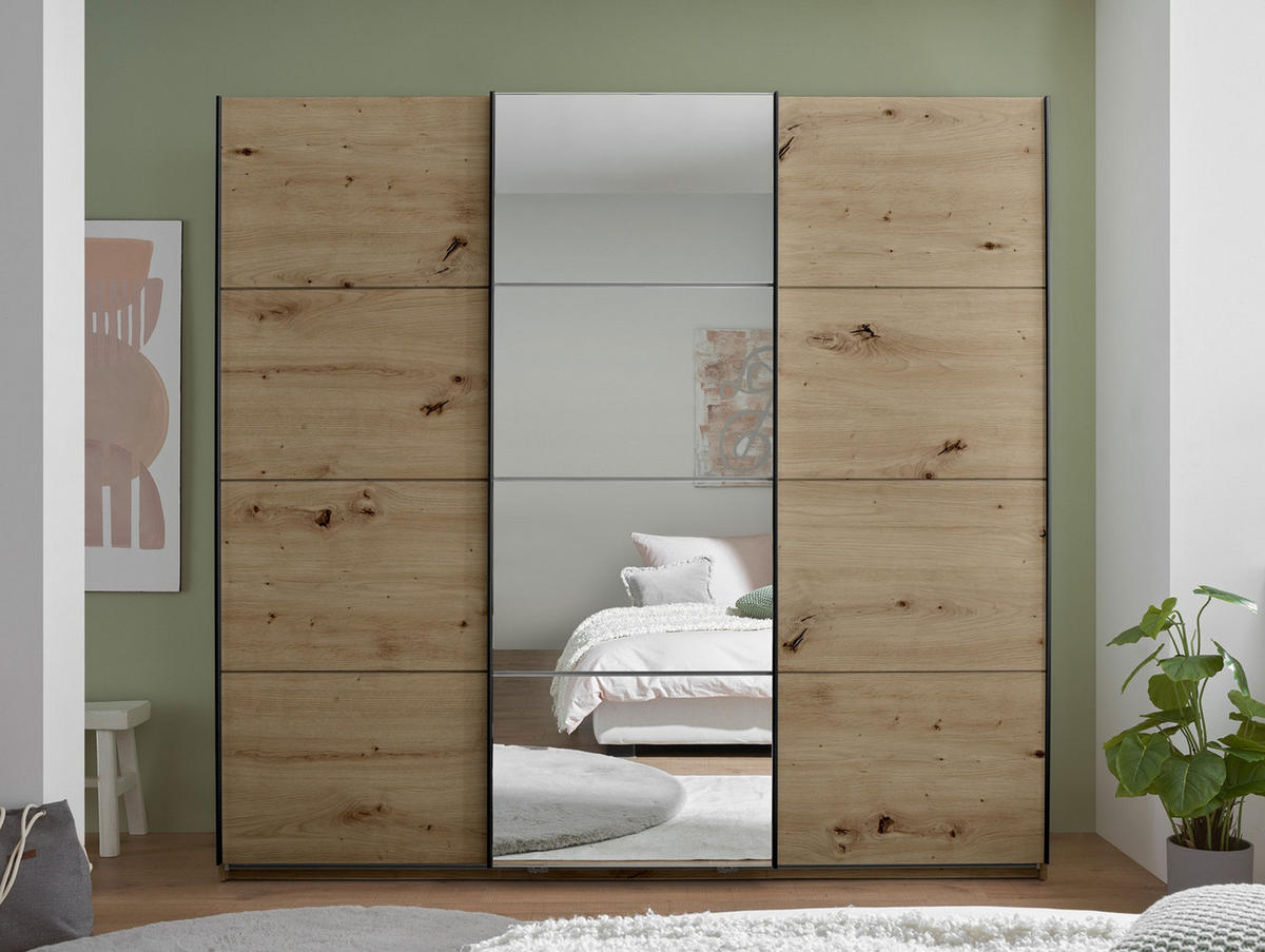 Dulap Cu Uși Culisante, 215/204/63 cm, stejar Artisan - alb/cașmir, Basics, sticlă/metal (215/204/63cm) - Carryhome