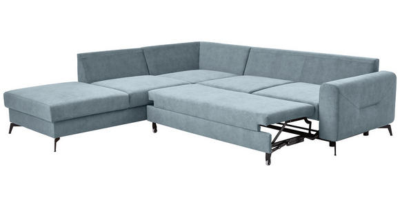 ECKSOFA Hellblau Chenille Rückenkissen, Bettkasten, Schlaffunktion, Rücken echt, Liegefläche im Originalstoff  - Schwarz/Hellblau, KONVENTIONELL, Textil/Metall (257/275cm) - Carryhome