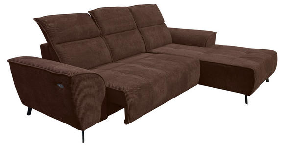 ECKSOFA Dunkelbraun Cord Rücken echt, Kopfteilverstellung, Sitzvorzug  - Dunkelbraun/Schwarz, KONVENTIONELL, Textil/Metall (290/196cm) - Carryhome