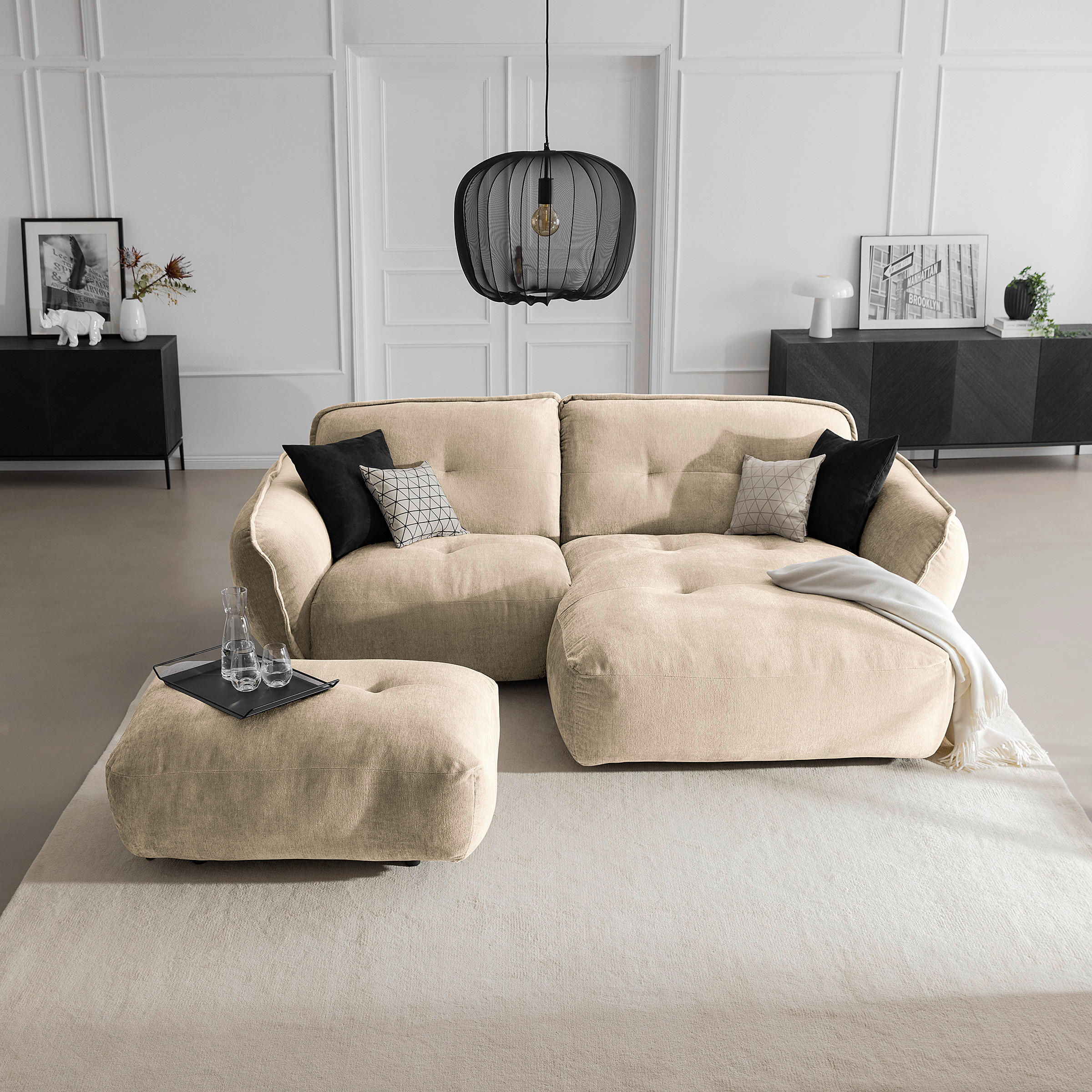HOCKER in Textil Creme - Creme/Schwarz, Modern, Kunststoff/Textil (102/46/65cm) - Trendmanufaktur