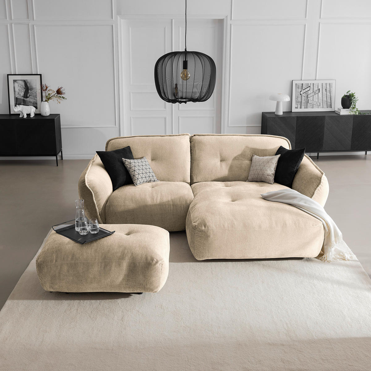 HOCKER in Textil Creme  - Creme/Schwarz, Modern, Kunststoff/Textil (102/46/65cm) - Trendmanufaktur