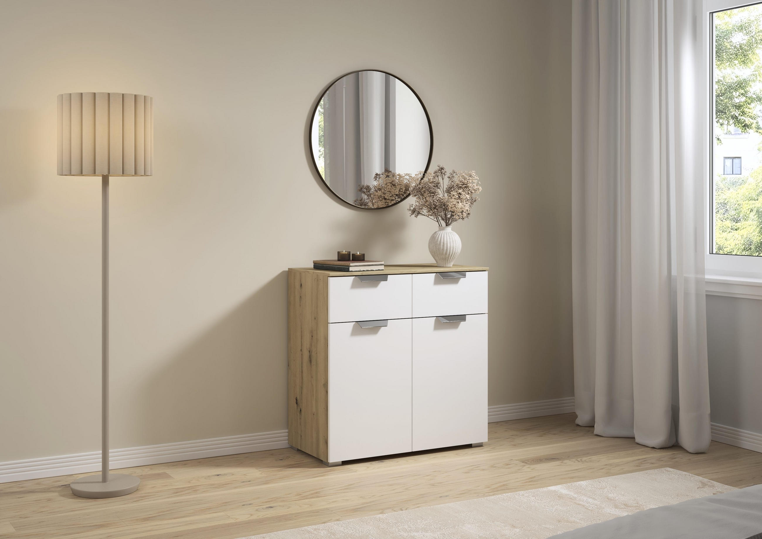 Thumbnail - Carryhome Kommode, Weiß, Eiche Artisan, Holzwerkstoff, 1 Fächer, 2 Schublade(n) Schubladen, 80x81x42 cm, Blauer Engel, G...