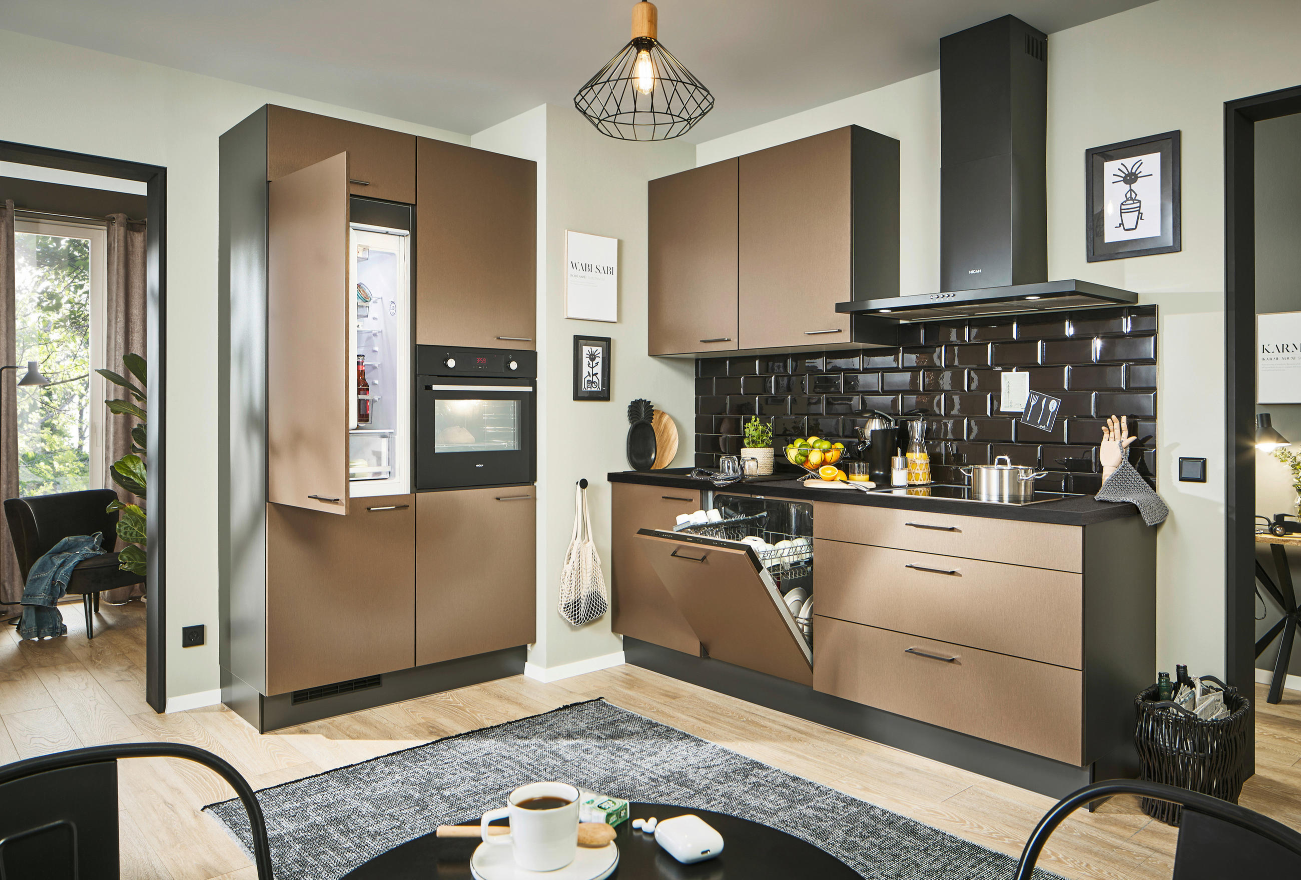 ECKKÜCHE 120/220 cm  in Graphitfarben, Schwarz, Bronzefarben  - Chromfarben/Schwarz, Design, Holzwerkstoff/Metall (120/220cm) - Xora