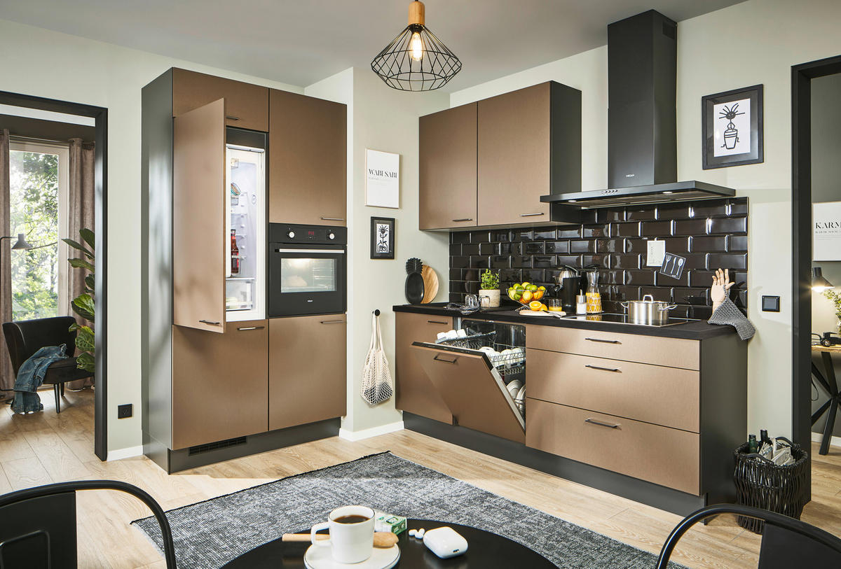 ECKKÜCHE 120/220 cm  in Bronzefarben, Graphitfarben, Schwarz  - Chromfarben/Schwarz, Design, Holzwerkstoff/Metall (120/220cm) - Xora