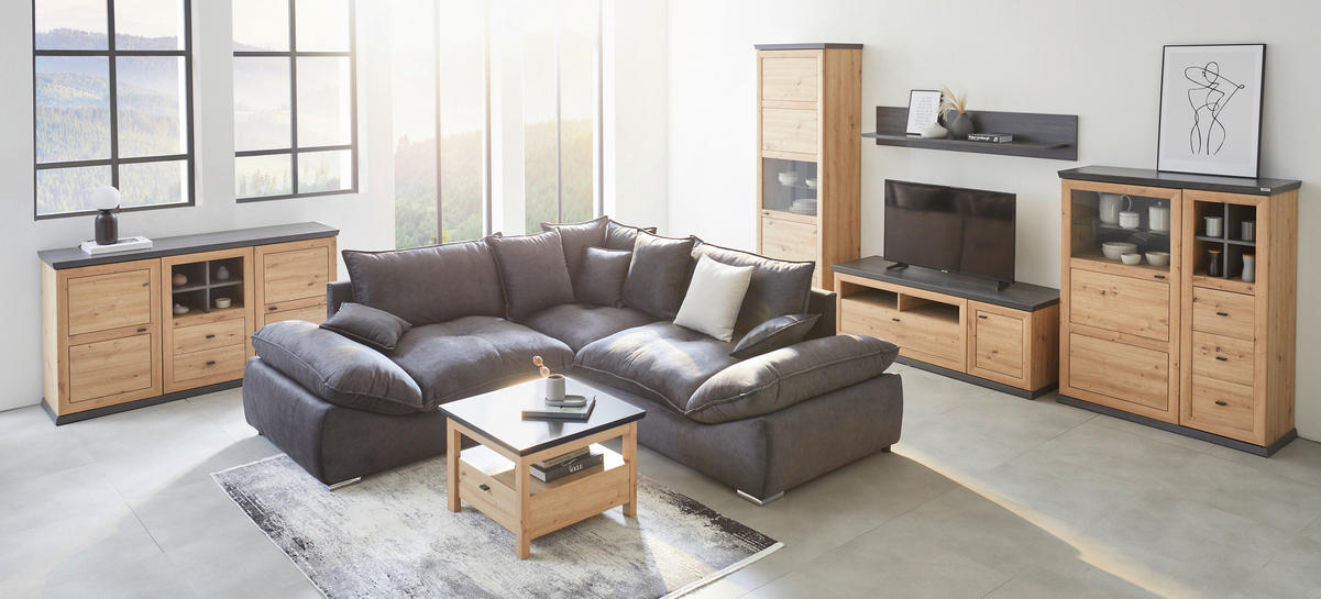 KOMODA POD TELEVIZI, tmavě šedá, dub artisan, 150/55,6/50 cm - černá/tmavě šedá, Basics, kov/kompozitní dřevo (150/55,6/50cm) - Hom`in