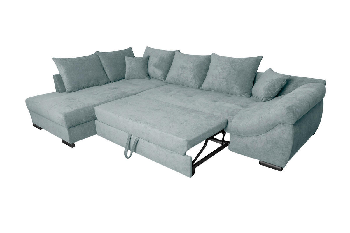 ECKSOFA ATLANTA Hellblau Struktur Liegefläche im Originalstoff  - Schwarz/Hellblau, Design, Textil/Metall (202/298cm) - MID.YOU