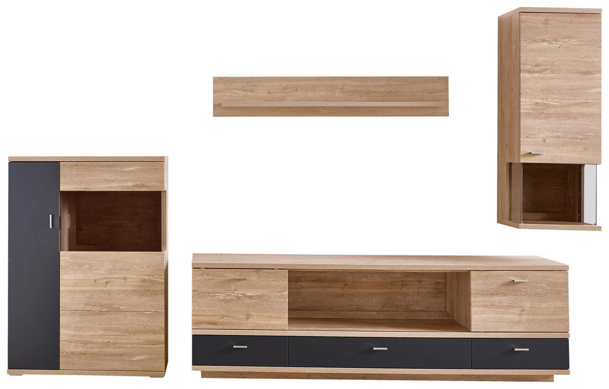 WOHNWAND  in Eichefarben, Dunkelgrau 324,6/204,2/45 cm  - Eichefarben/Dunkelgrau, Design, Glas/Holzwerkstoff (324,6/204,2/45cm) - Stylife