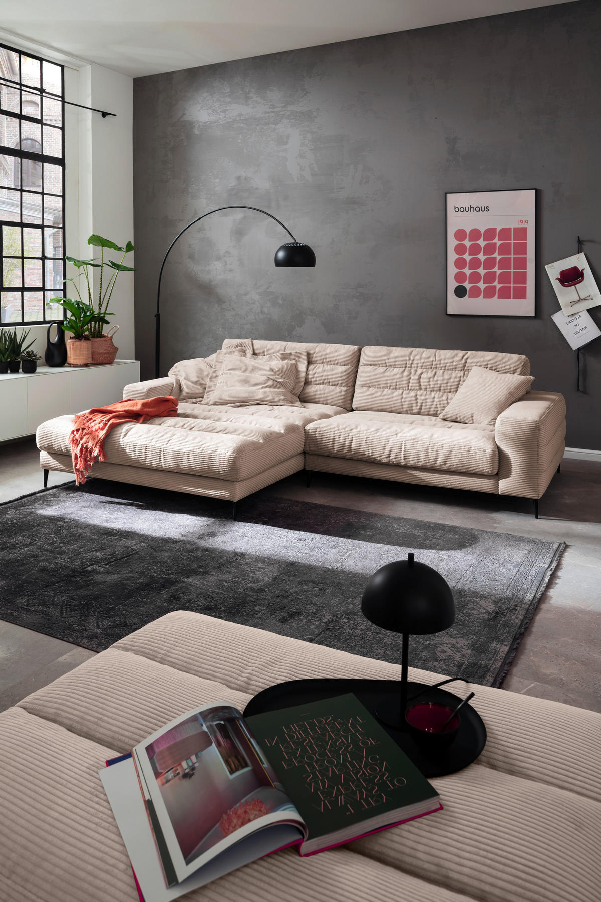 ECKSOFA Ottomane links  Badia Taupe Cord  - Taupe/Schwarz, Design, Textil/Metall (207/296cm) - Dieter Knoll