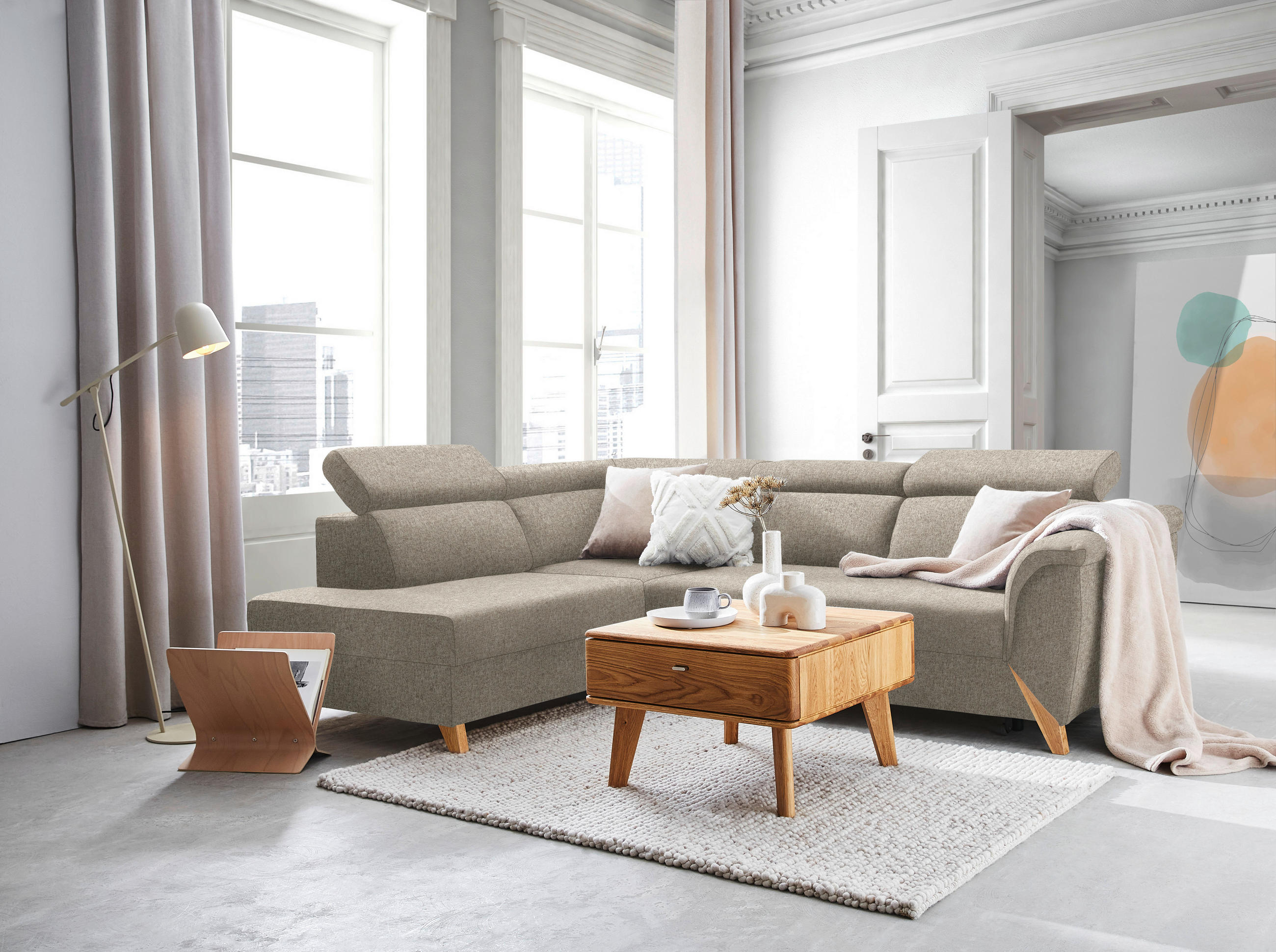 ECKSOFA in Struktur Greige  200/265 cm  - Greige/Naturfarben, KONVENTIONELL, Holz/Textil (200/265cm) - Stylife