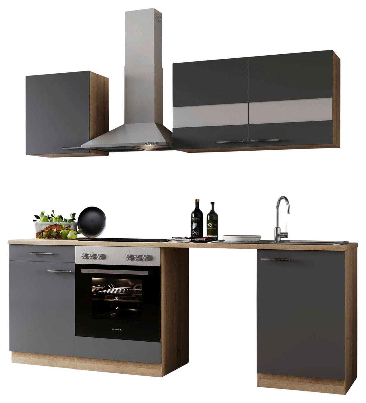 KÜCHENBLOCK 220 cm   in Grau  - Edelstahlfarben/Eichefarben, Basics, Glas/Holzwerkstoff (220cm) - Respekta