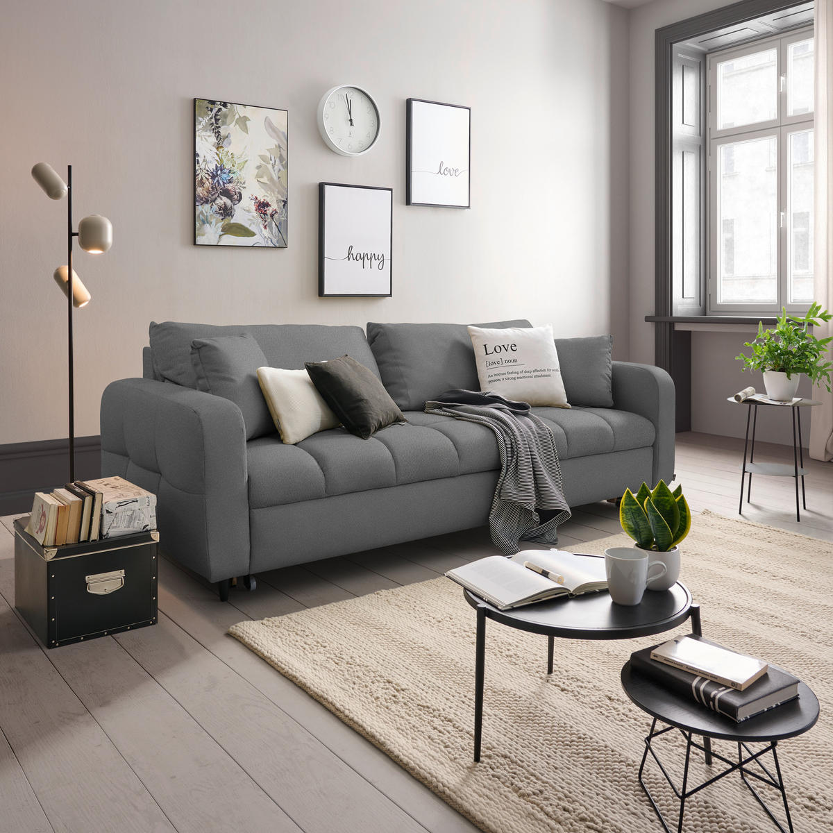 SCHLAFSOFA Webstoff Grau Stoffauswahl, Bettfunktion erhältlich, Rücken echt, Armteil links, Armteil rechts  - Schwarz/Grau, Design, Holz/Textil (236/88/101cm) - Lomoco