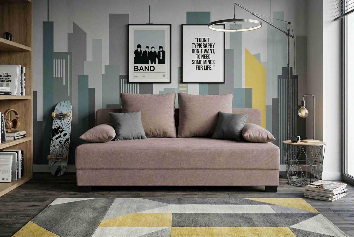 ROZKLÁDACÍ POHOVKA, textil, kompozitní dřevo, růžová - šedá/růžová, Design, kompozitní dřevo/textil (200/90/110cm) - P & B