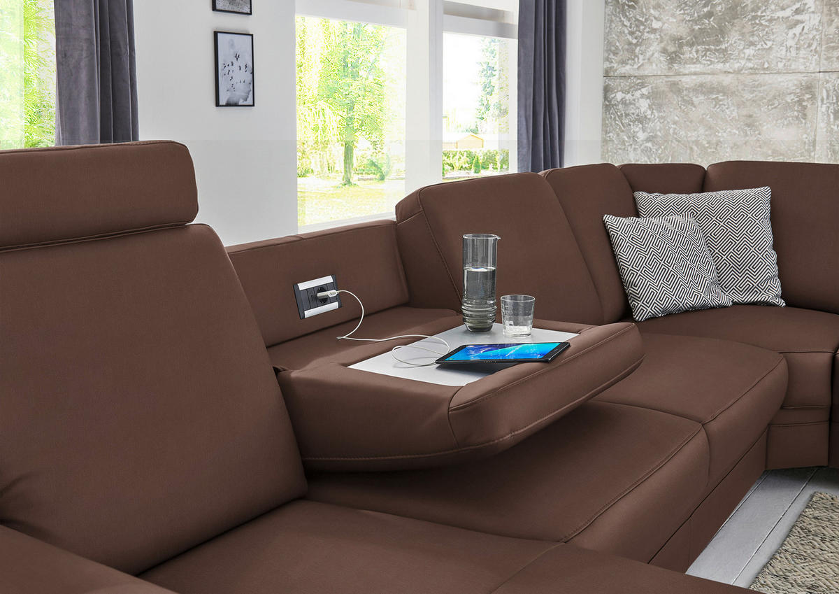 WOHNLANDSCHAFT Echtleder Mokka  - Alufarben/Mokka, Konventionell, Leder/Metall (165/329/239cm) - Beldomo Premium