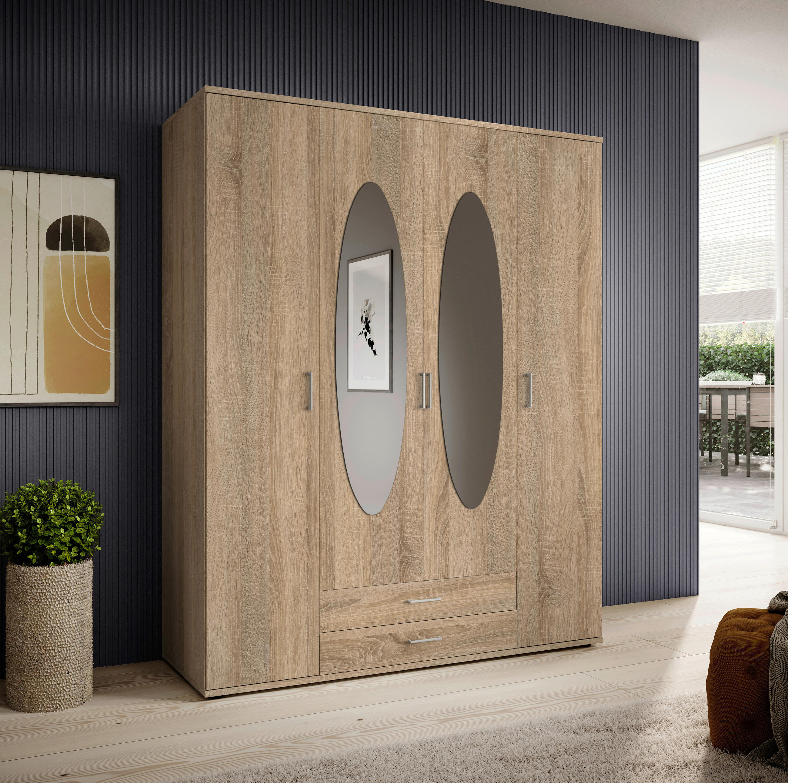 OMARA S KLASIČNIMI VRATI, hrast sonoma  - barve aluminija/hrast sonoma, Basics, umetna masa/steklo (159/196/54cm) - Carryhome