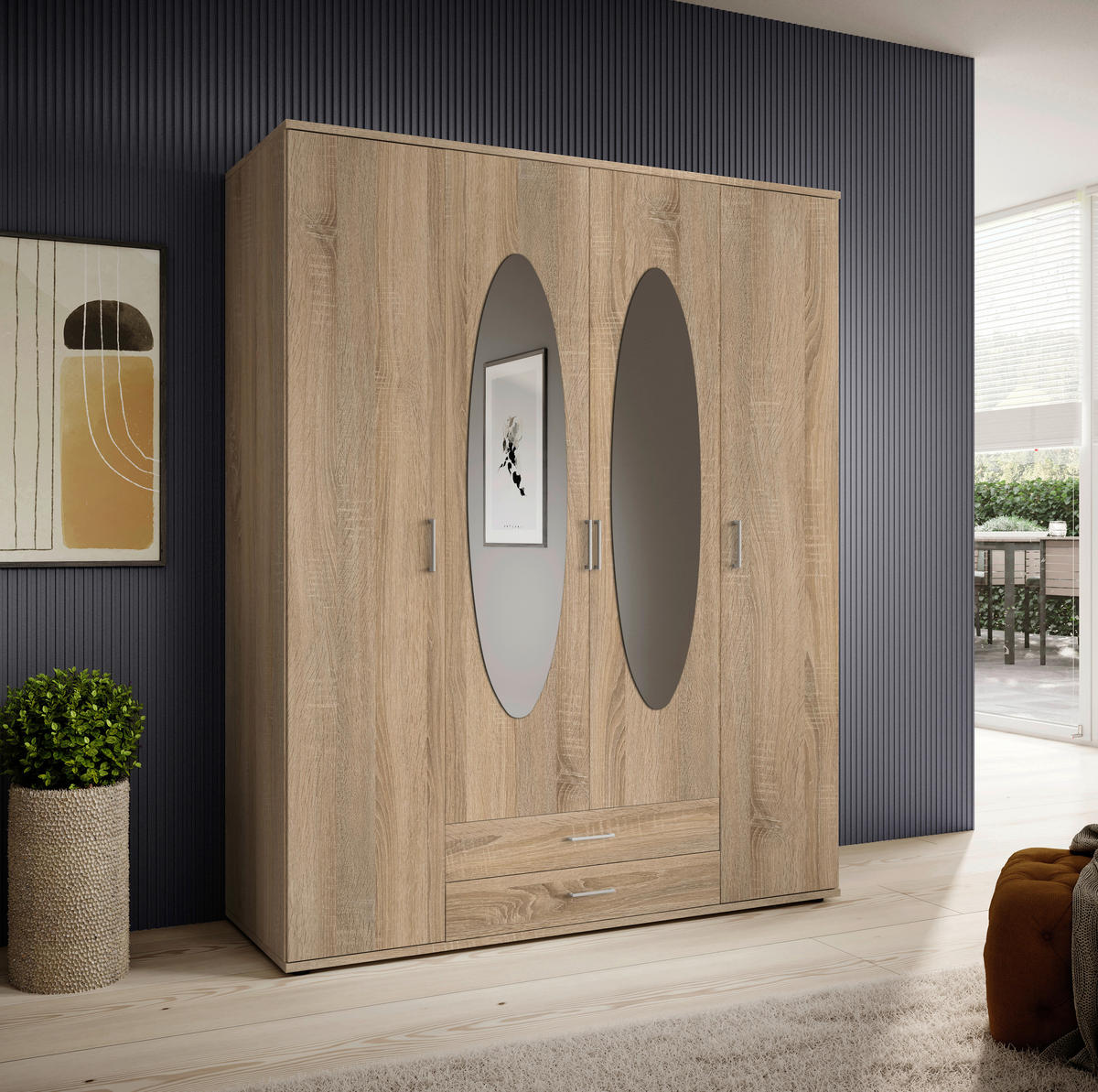OMARA S KLASIČNIMI VRATI, hrast sonoma  - barve aluminija/hrast sonoma, Basics, umetna masa/steklo (159/196/54cm) - Carryhome