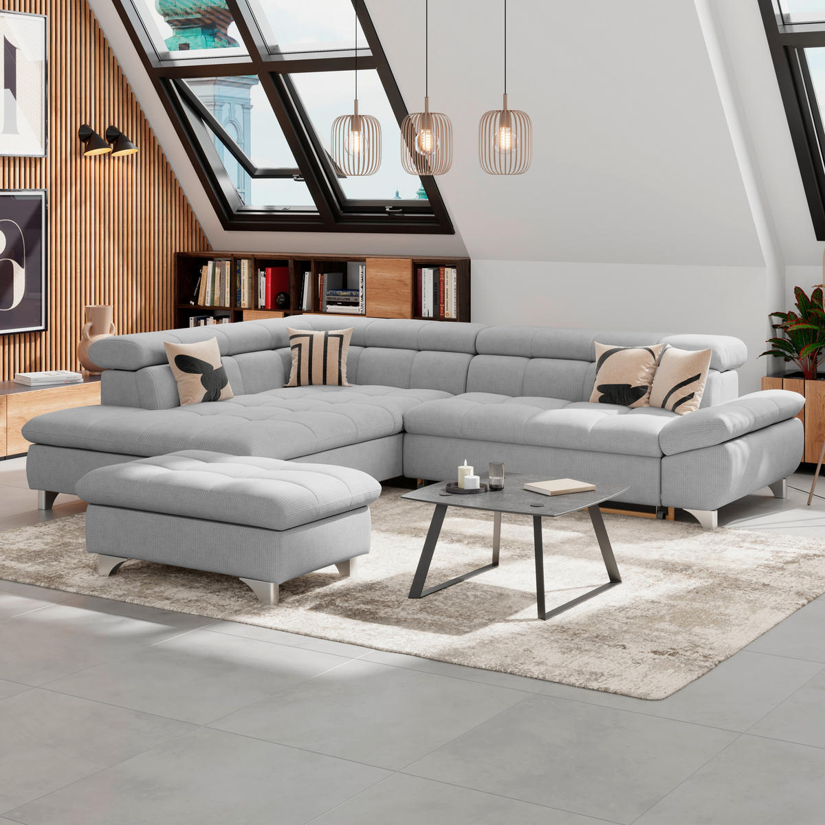 ECKSOFA Hellgrau Chenille  - Chromfarben/Hellgrau, KONVENTIONELL, Textil/Metall (234/312cm) - Livetastic