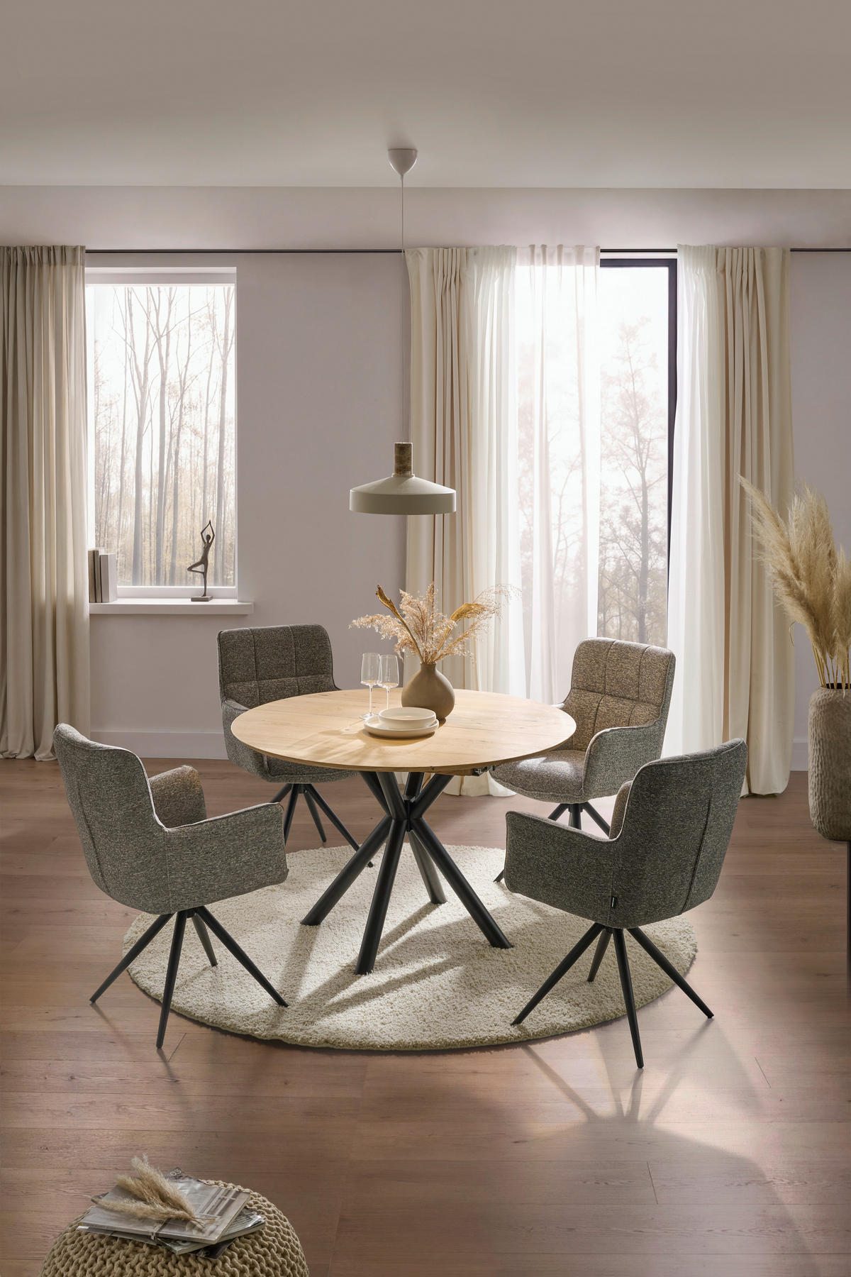 ESSTISCH 120-170/120/75 cm Echtholz  Holz rund Eichefarben  - Eichefarben/Schwarz, MODERN, Holz/Metall (120-170/120/75cm) - Carryhome