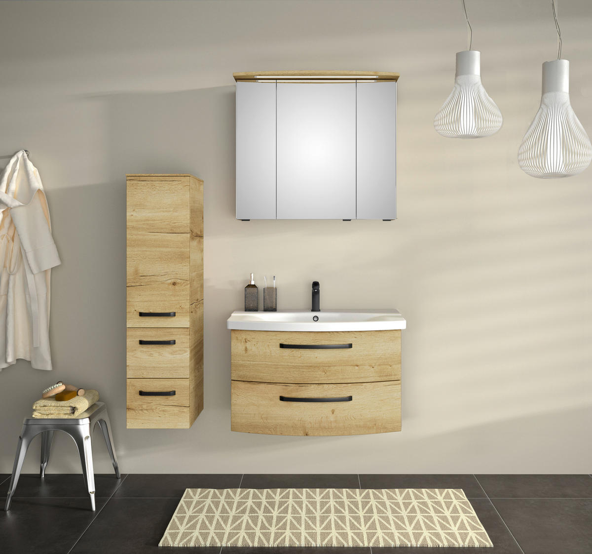 BADEZIMMER 3-teilig  in 84 cm  - Eichefarben/Schwarz, MODERN, Glas/Keramik (84cm) - Sadena