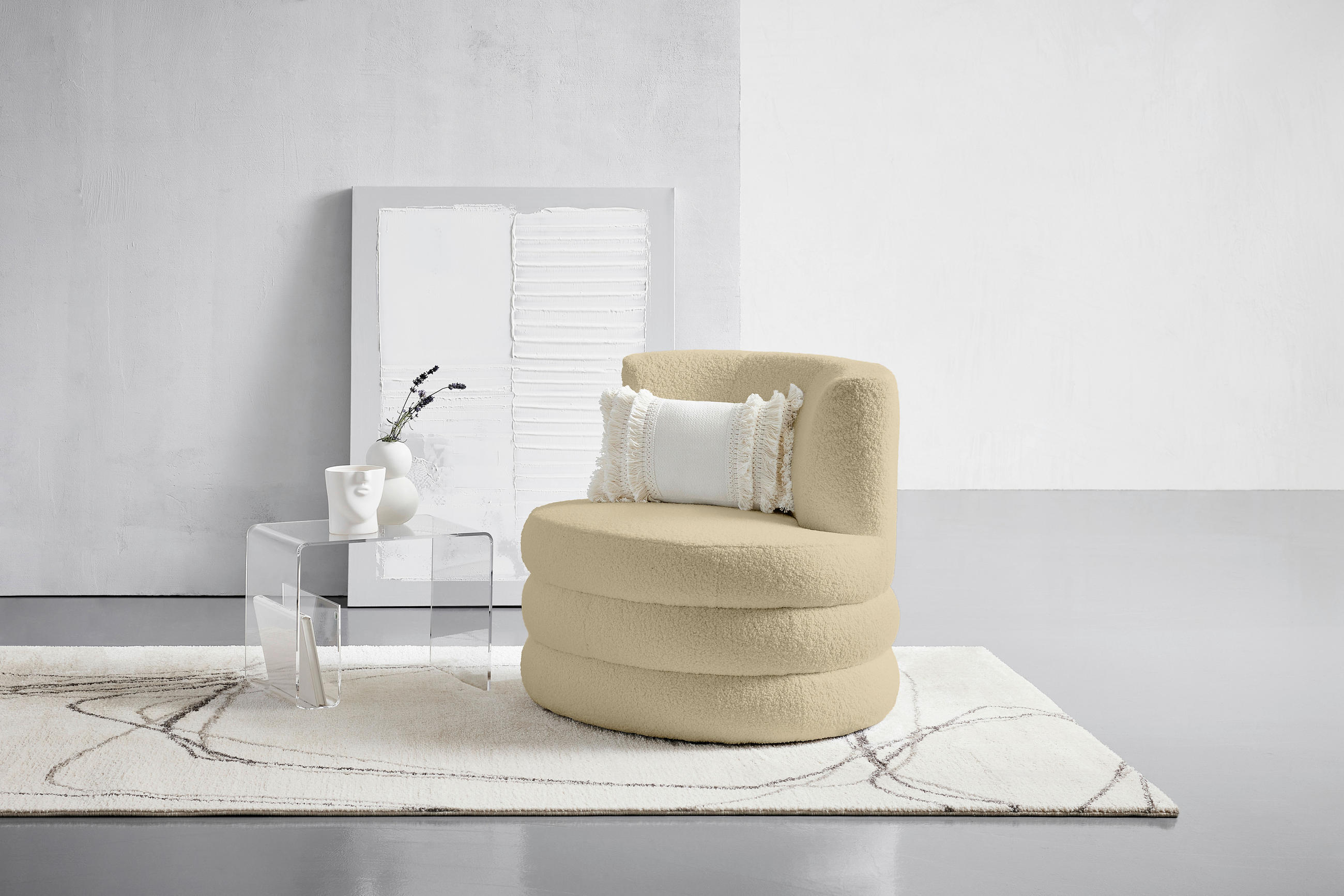 DESIGNSESSEL in Flachgewebe, Teddystoff Beige  - Edelstahlfarben/Beige, Trend, Textil/Metall (90/82/85cm) - Livetastic