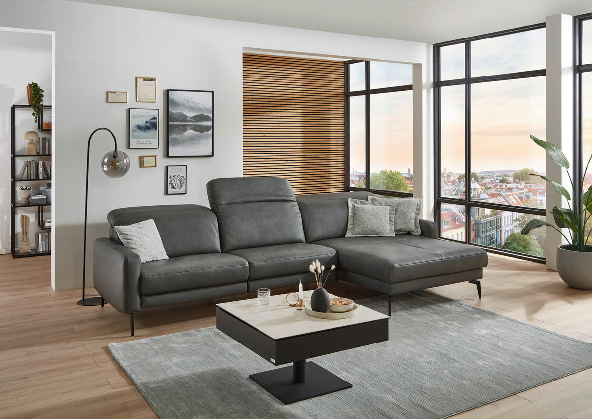 ECKSOFA  in Echtleder Anthrazit  323/179 cm  - Anthrazit/Schwarz, Design, Leder/Metall (323/179cm) - Dieter Knoll