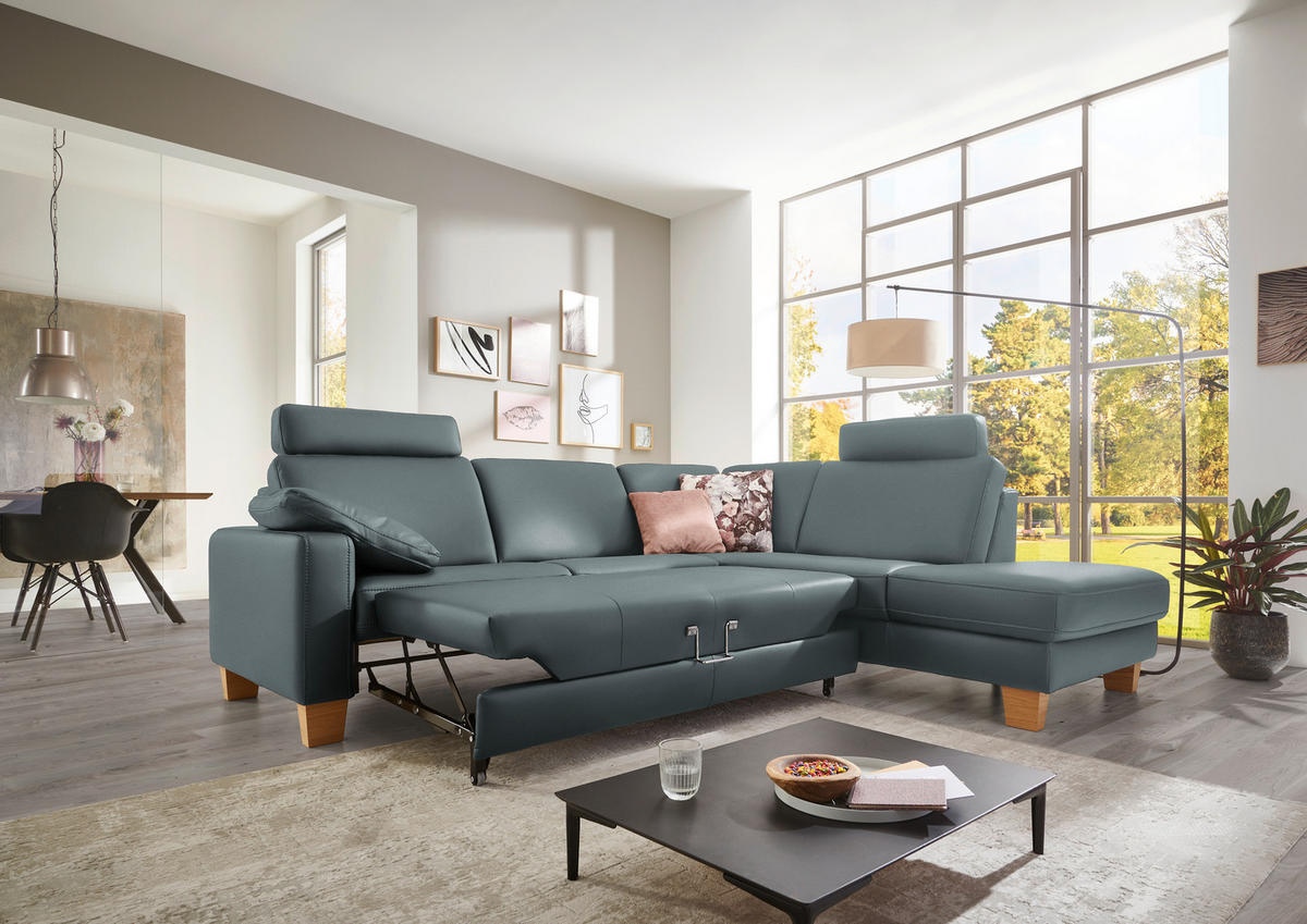 ECKSOFA in Echtleder Blaugrau  - Eiche Bianco/Blaugrau, Konventionell, Leder/Holz (257/235cm) - Valdera