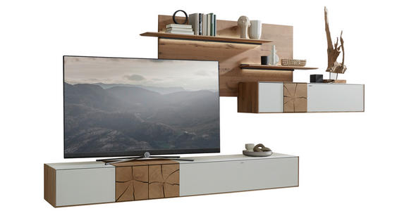 WOHNWAND  in Weiß, Eichefarben  343/196/44 cm  - Eichefarben/Silberfarben, Design, Glas/Holz (343/196/44cm) - Valnatura