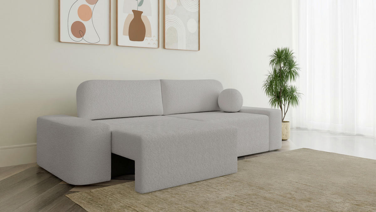 ECKSOFA OVAL Hellgrau Bouclé Rückenkissen, Schlaffunktion, Rücken echt, Stauraum  - Hellgrau/Schwarz, Design, Kunststoff/Textil (268/110cm) - MID.YOU